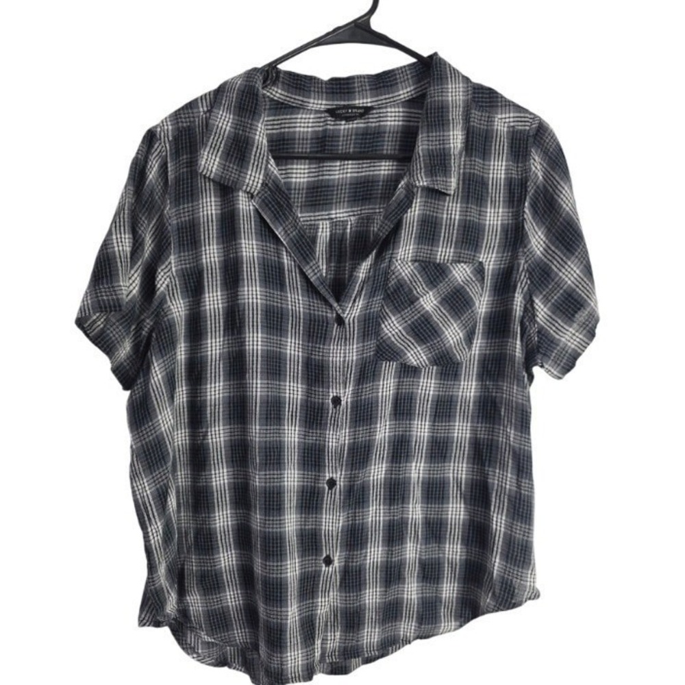 Lucky Brand Button Front Short Sleeve Sheer Top M Womens Black Grey White